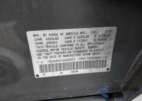 2005 Acura Tl z USA, uszkodzony, nr VIN 19UUA66215A065517